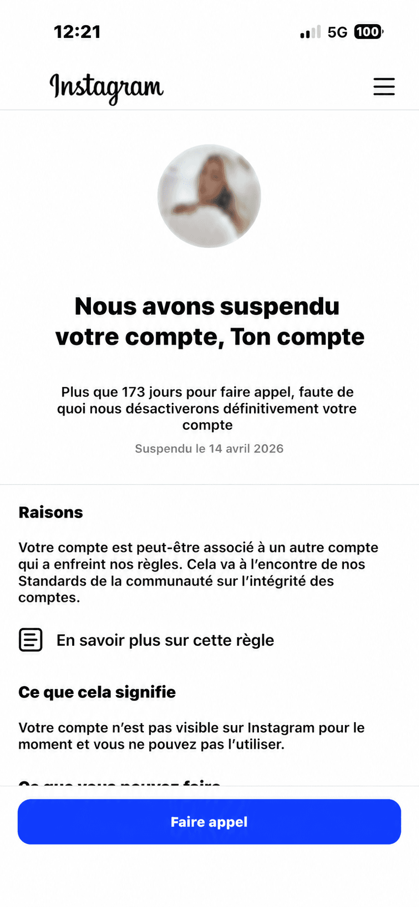 Compte Instagram suspendu