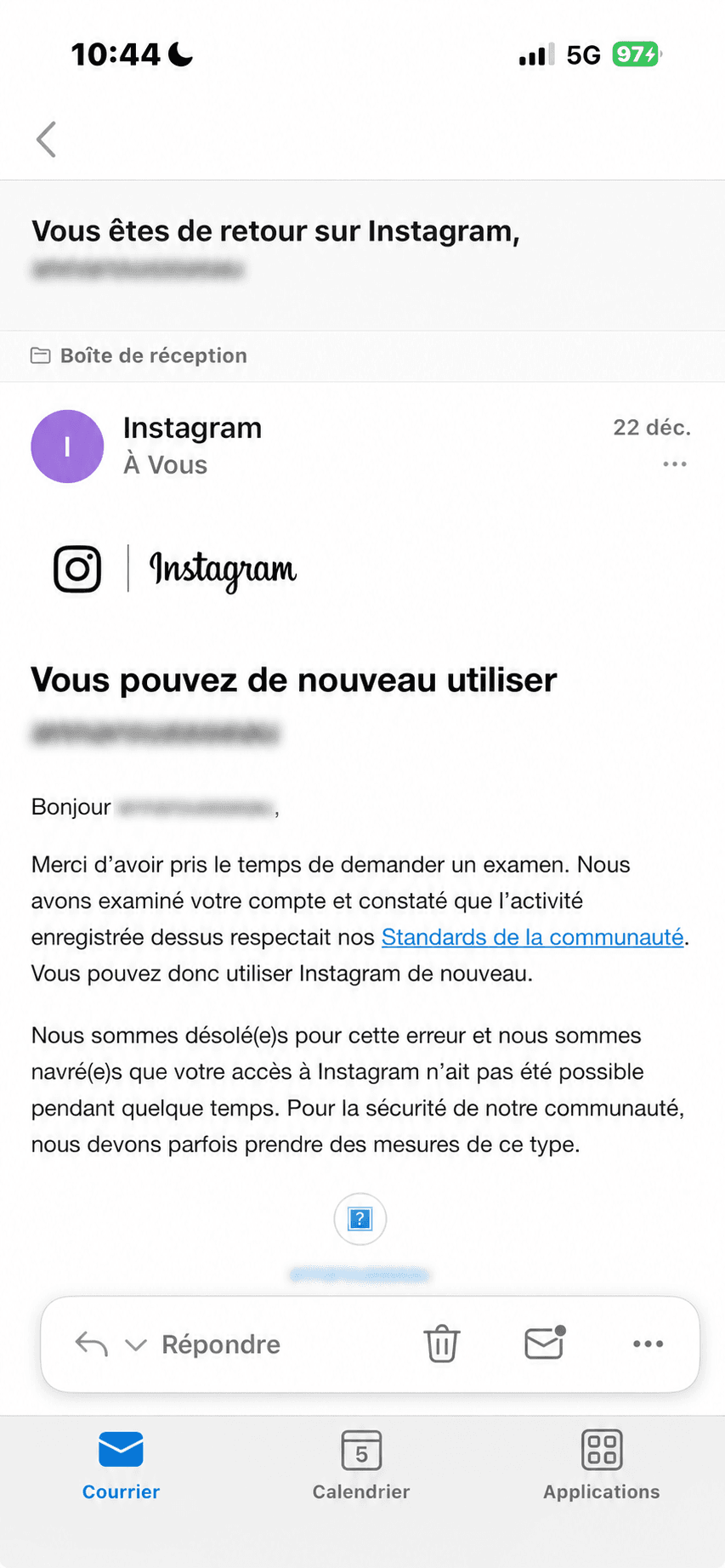 Email — Compte Instagram restauré